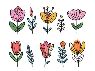 Handdrawn colorful flowers collection, various shapes designs, botanical doodles. Bright colors, playful floral designs cards, invitations fashion. Creative stylized botanical vector illustration