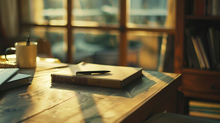 Simple style, with a wooden top and a book on the side, creating a warm learning and working atmosphere