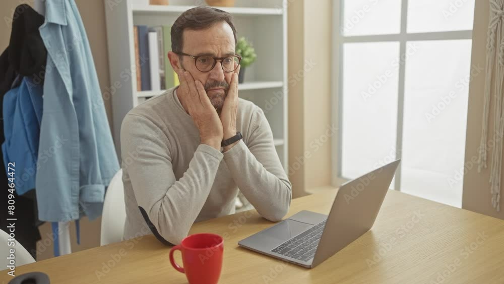 Sticker A pensive bearded middle-aged man works on a laptop at home, expressing focus and contemplation surrounded by calm domesticity.