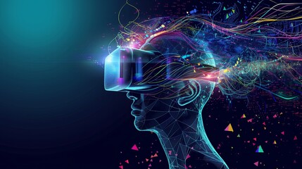 Virtual Reality With Futuristic VR Headset Surrounded By Neon Light Effects And Digital Abstract Cyber World Imagination