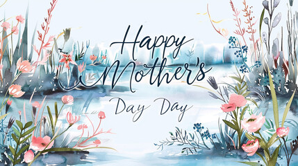 A serene Mother's Day card featuring tranquil nature scenes and "Happy Mother's Day" written in soft, flowing script.