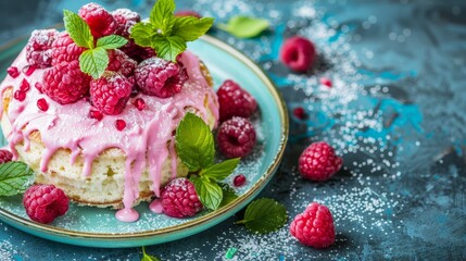   A tight shot of a cake on a plate, adorned with raspberries and mint sprinkles, positioned on a table
