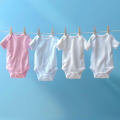 clothes hanging in a row on a pastel blue background, on a baby clothesline, pink and white t-shirts for girls or boys, shirts, pants, socks, new born children.