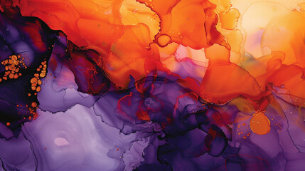 Abstract painting in vibrant orange and midnight purple alcohol ink, luxurious oil textures.