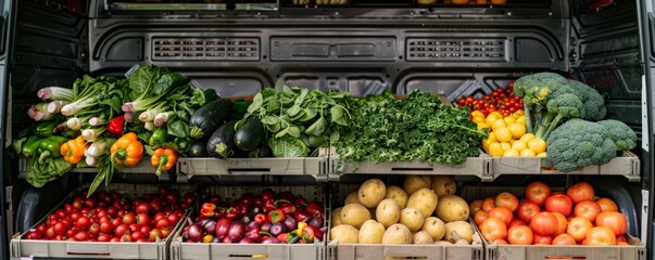 Fresh vegetables in market delivery van