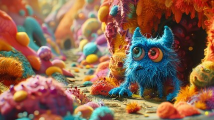 A blue creature with big eyes is hiding behind a rock. The background is a colorful landscape with pink, blue, and green plants.
