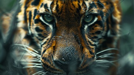 A close up of a tiger's face. The tiger is looking at the camera with its green eyes. Its fur is orange and black.