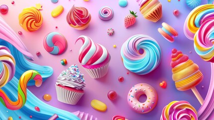   Colorful cupcakes and doughnuts against a purple background, adorned with swirls and sprinkles
