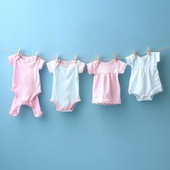 clothes hanging in a row on a pastel blue background, on a baby clothesline, pink and white t-shirts for girls or boys, shirts, pants, socks, new born children.