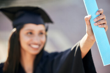 Graduation, hand and woman with scroll on university campus for education achievement. Pride,...