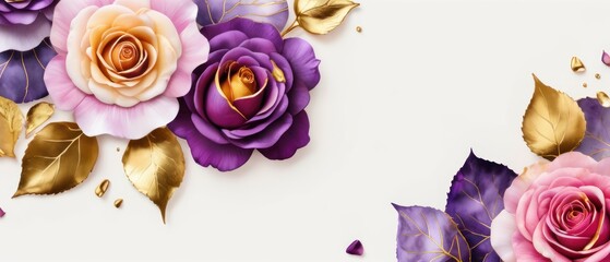 rose petals on white background with copy space for text. Golden alcohol ink watercolor floral bloom banner for Mother&rsquo;s Day or mauve wedding stationery