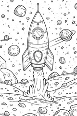 A monochrome illustration of a rocket soaring through the cosmic void, showcasing a blend of cartoon artistry and natureinspired botany imagery in a stylish black and white gesture