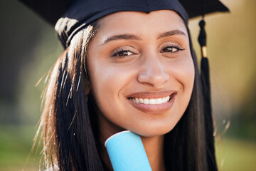 Graduation, smile and portrait of woman with diploma on university campus for education...