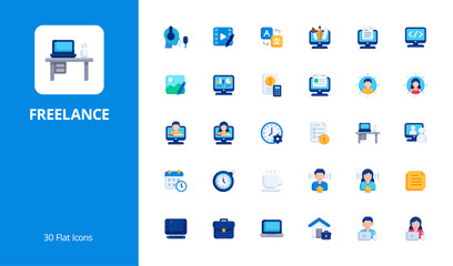 Freelance Icon Set with flat style. A versatile collection perfect for UI, infographics, or social media content related to freelancing or digital nomad.