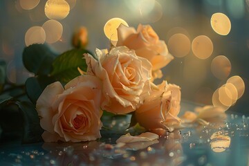A bouquet of roses on a table, their petals softly illuminated by golden bokeh