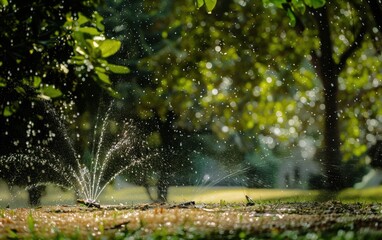 Fototapeta premium automatic plant watering, automatic garden watering system installed under the grass.