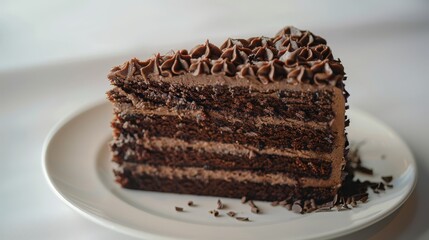   A chocolate cake piece, adorned with chocolate frosting and sprinkles, sits atop a pristine white plate A fork waits nearby
