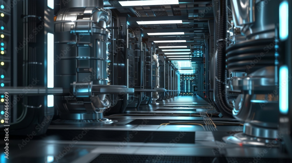 Poster scene depicting a data center powered quantum computers, in a realistic style