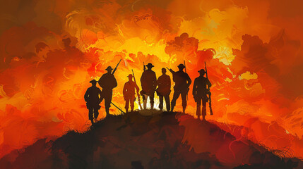 An abstract interpretation of veterans from different eras (Civil War WWI WWII modern) standing together on a hill silhouetted against a fiery orange sky blending historical and modern elements.