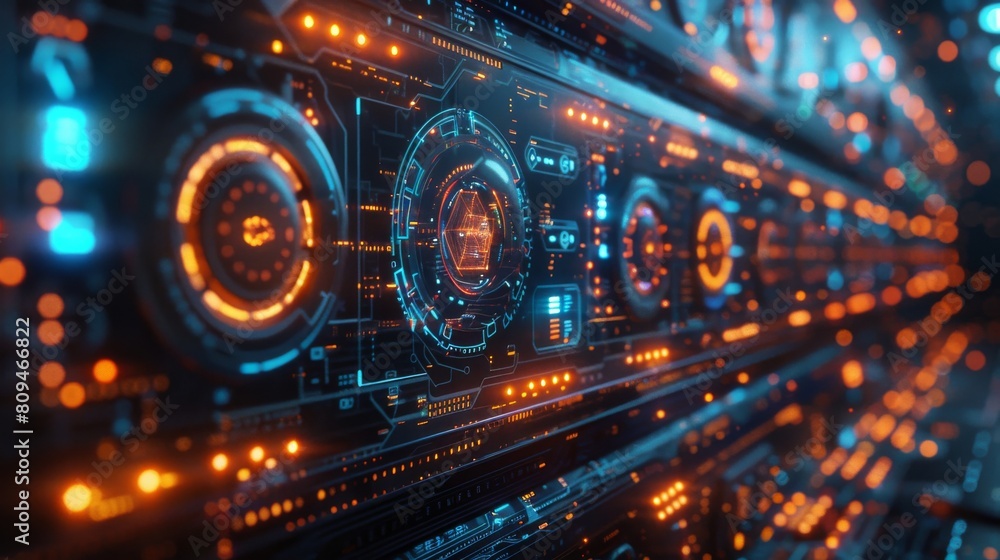 Poster sleek, futuristic cybersecurity interface in a sci-fi style, featuring quantum computing elements li