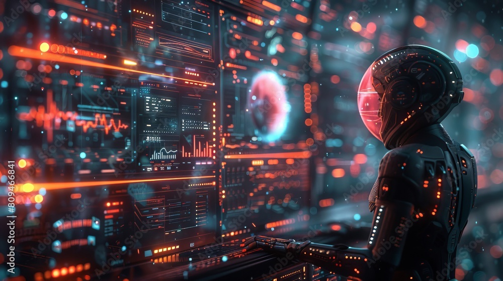Poster sleek, futuristic cybersecurity interface in a sci-fi style, featuring quantum computing elements li