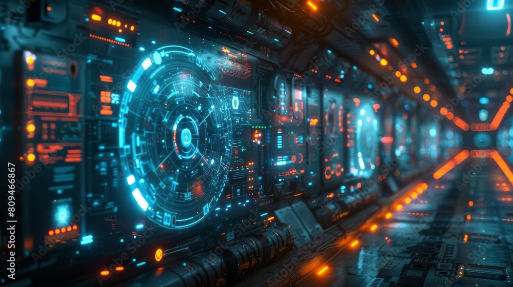 Poster sleek, futuristic cybersecurity interface in a sci-fi style, featuring quantum computing elements li