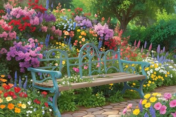 Tranquil Retreat: Serene Bench Invites Relaxation in Enchanting Garden
