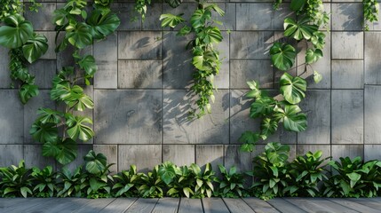 A textured concrete wall with geometric patterns, adorned by lush green plants and vines. 