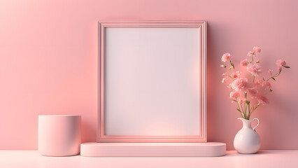 a vase with flowers and a picture frame on a shelf