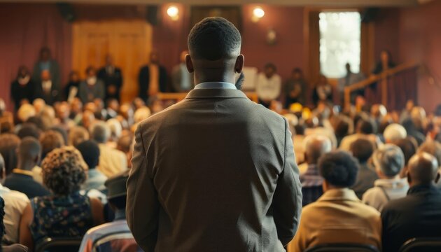 A civic leader rallying the community with words of unity and hope during a town hall meeting