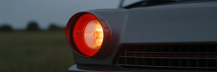 The headlight of the car, turned on the light on the background of a dark night