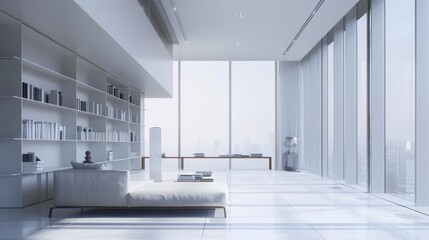 An ultra-modern office space defined by minimalist design, featuring sleek white interiors and expansive windows offering stunning city skyline views.