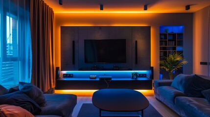 This contemporary home theater room is designed with dynamic ambient lighting in blue and orange hues, creating a captivating and immersive entertainment experience.