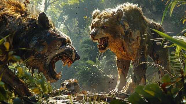 The image shows two saber-toothed tigers facing off in a lush jungle setting. The tigers are both snarling and showing their teeth, and the scene is full of tension and excitement.