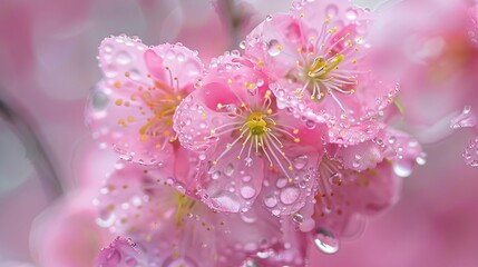 A closeup of delicate plum blossoms after a spring rain, with raindrops clinging to the petals