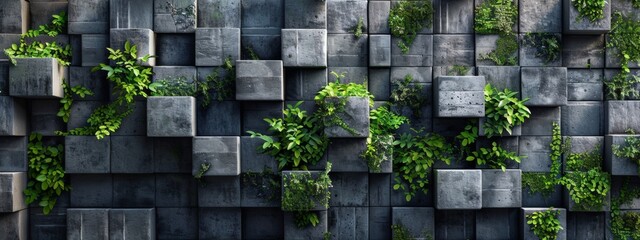 A textured concrete wall with geometric patterns, adorned by lush green plants and vines. 