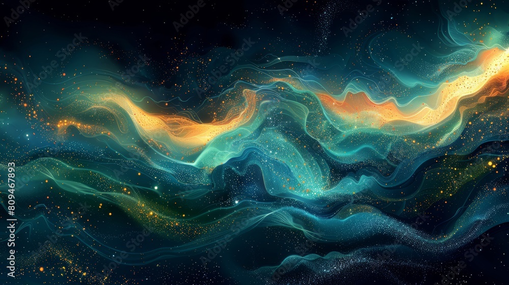 Poster abstract, flowing data stream in a digital art style, representing quantum cryptography