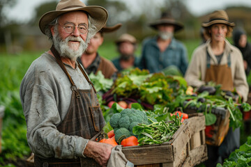  An elderly man with a beard and hat, surrounded by friends in their late thirties to early forties holding vegetables from the garden behind them. Created with Ai