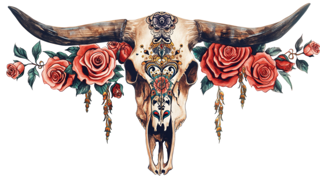 A decorative Bull Skull with Intricate Tattoos and Roses isolated on a transparent background