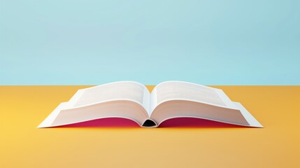 Stylized open book on a two-tone background blending a bright blue sky and a vivid yellow surface