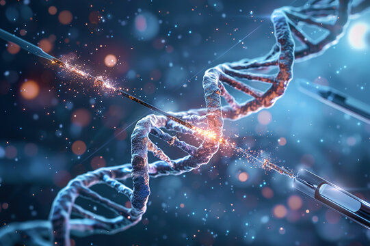 Scientists in lab coats manipulate DNA strands, focusing on gene editing experiments.