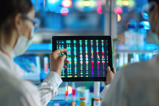 Doctor explains personalized medicine options, holding tablet showing patient's genetic profile for treatment. - Powered by Adobe