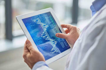 Doctor explains personalized medicine options, holding tablet showing patient's genetic profile for treatment.