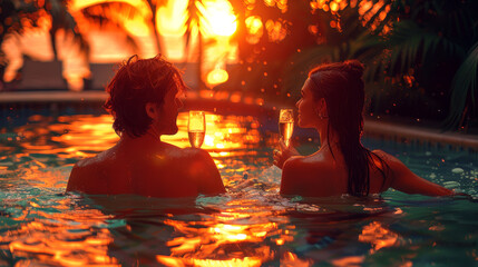 Lovebirds in a hot tub - savoring the moment with bubbly in hand