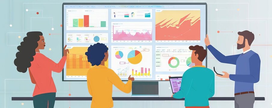 A consulting team analyzing market trends on a shared touchscreen display, using gestures to manipulate data