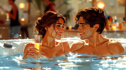 A toast to love: young couple clinks glasses in jacuzzi