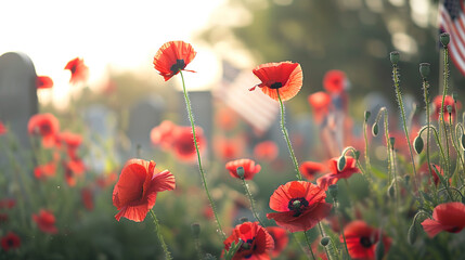 A soft-focus view of red poppies in the foreground with blurred American flags and tombstones in the background suitable for adding Memorial Day greetings.