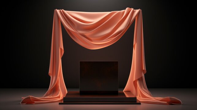 A luxurious salmon pink cloth unveils a new product on a sleek black podium