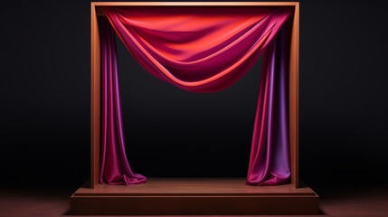 A stage with a bold colorful curtain against a black background, set up for a product display or performance