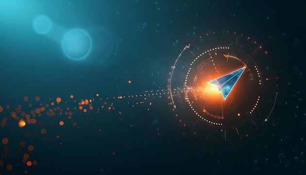 A creative design where a paper airplane follows a dotted roadmap in the sky, heading for a glowing target representing the vision